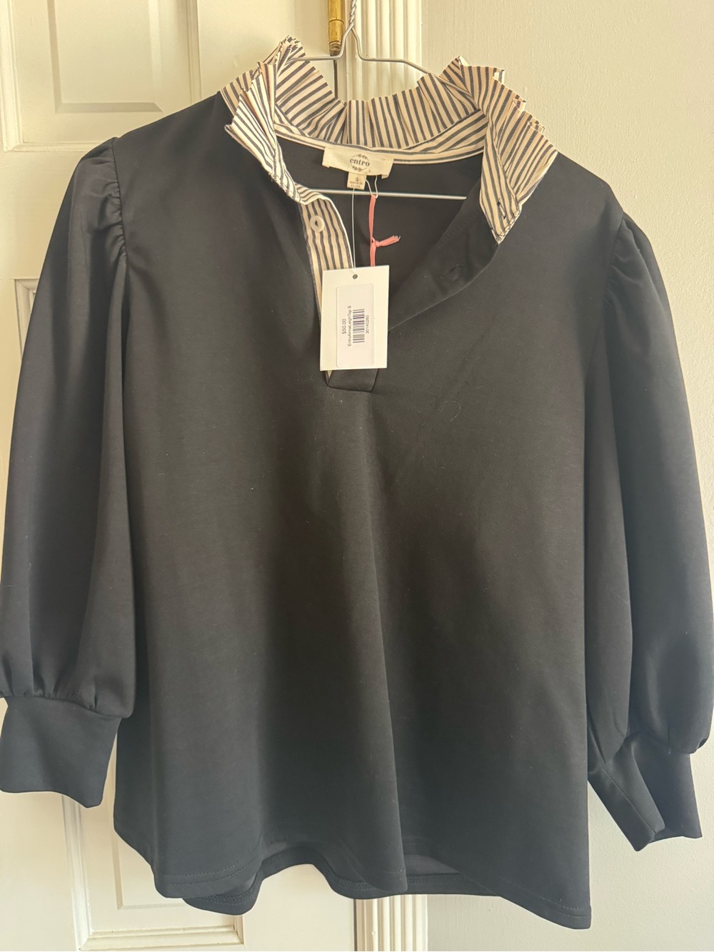 Entro Cropped Sleeve Black Top with Striped Collar